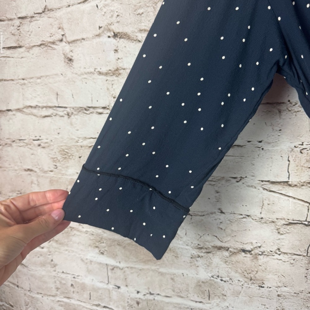 GANNI Women's Size 38 1621 Rosemont Crepe Blouse 3/4 Sleeve Navy White Pin Dots - Picture 4 of 8